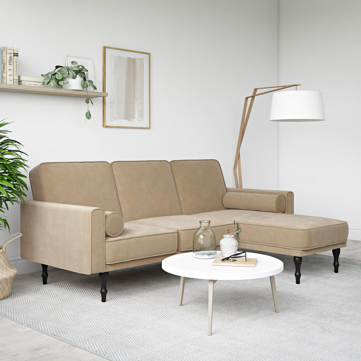 Edison Velvet Upholstered Small Space Reversible Sectional Futon - Tan