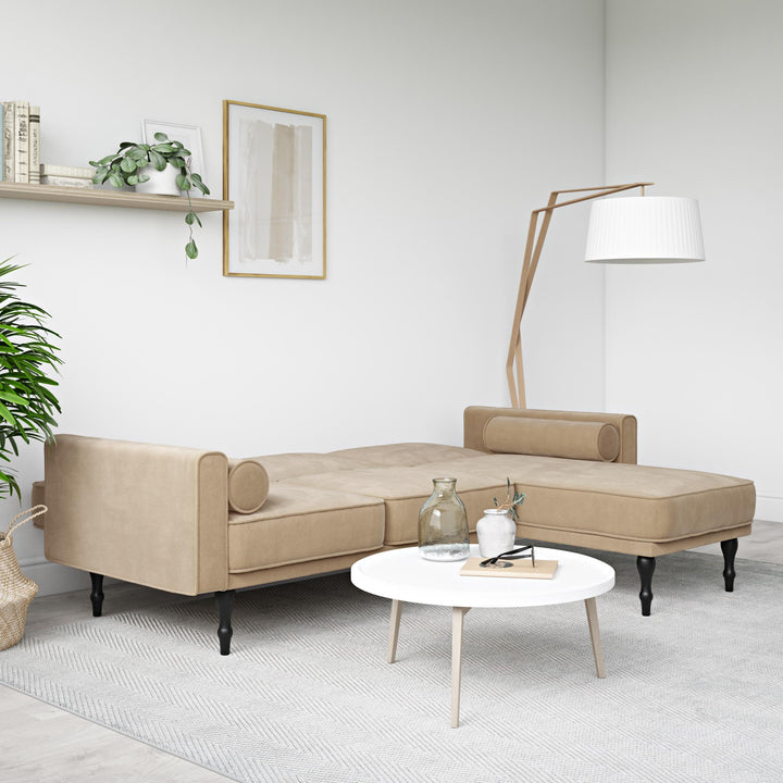 Edison Velvet Upholstered Small Space Reversible Sectional Futon - Tan