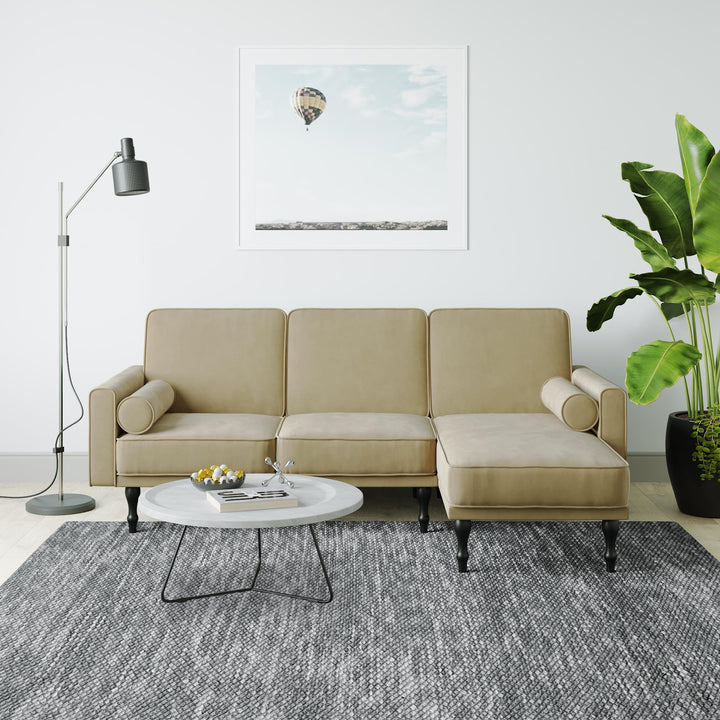 Edison Velvet Upholstered Small Space Reversible Sectional Futon - Tan
