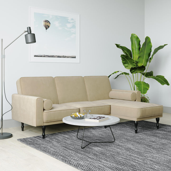 Edison Velvet Upholstered Small Space Reversible Sectional Futon - Tan