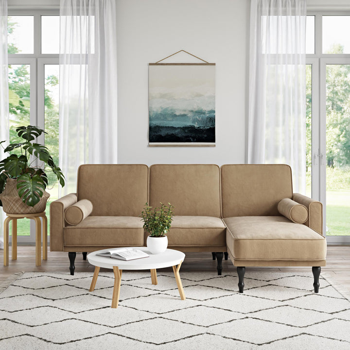 Edison Velvet Upholstered Small Space Reversible Sectional Futon - Tan