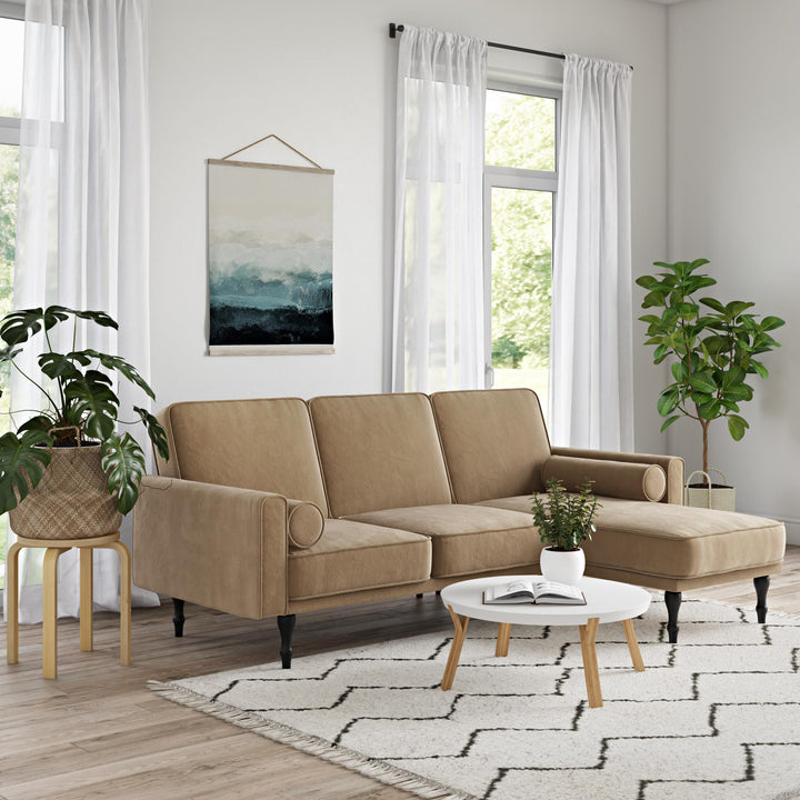 Edison Velvet Upholstered Small Space Reversible Sectional Futon - Tan