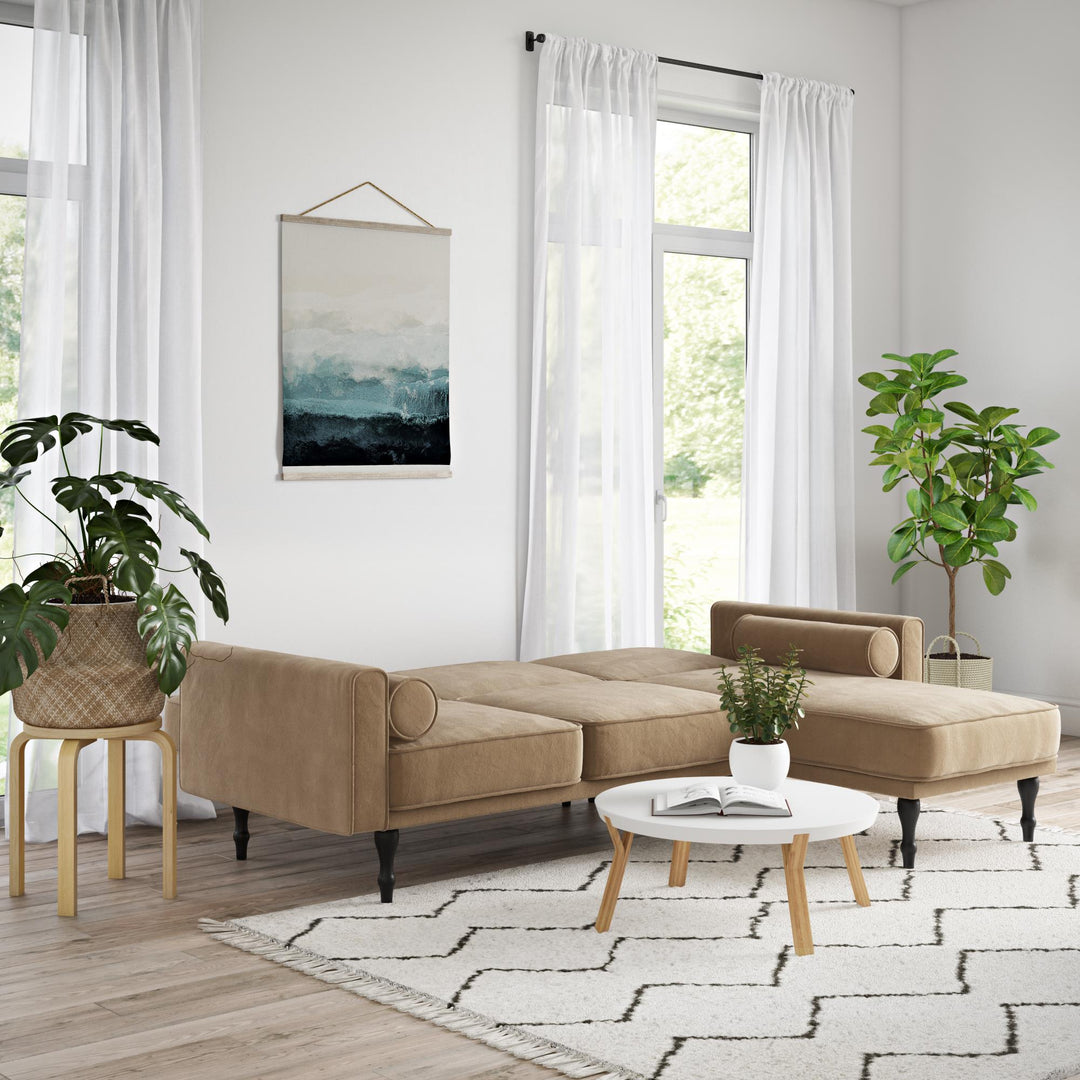 Edison Velvet Upholstered Small Space Reversible Sectional Futon - Tan