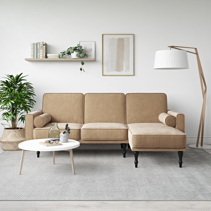 Edison Velvet Upholstered Small Space Reversible Sectional Futon - Tan
