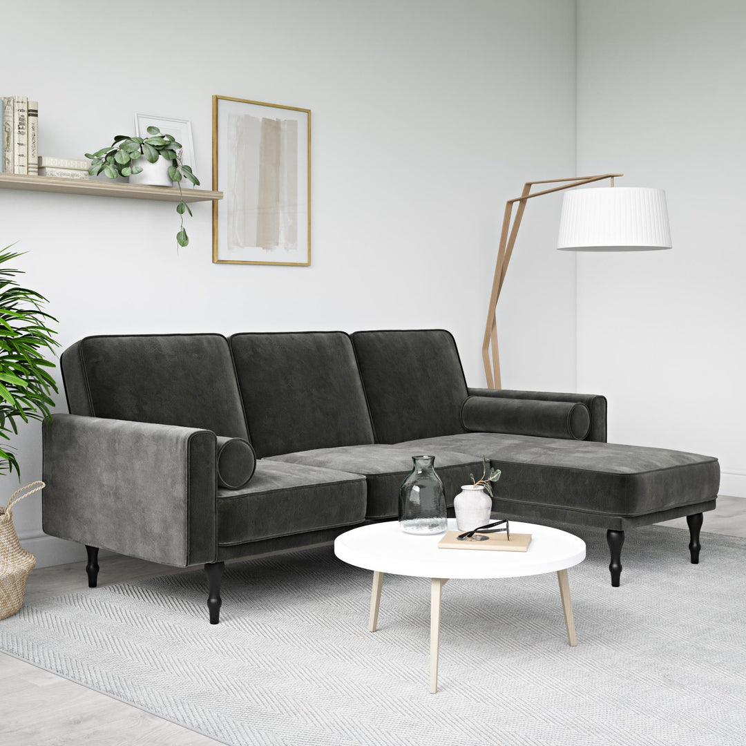 Edison Velvet Upholstered Small Space Reversible Sectional Futon - Gray