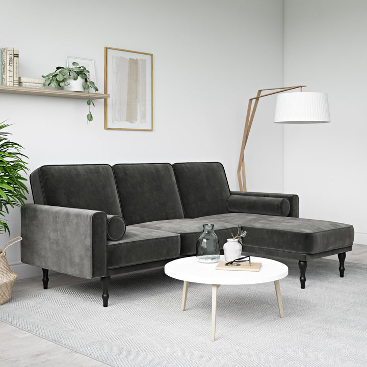 Edison Velvet Upholstered Small Space Reversible Sectional Futon - Gray