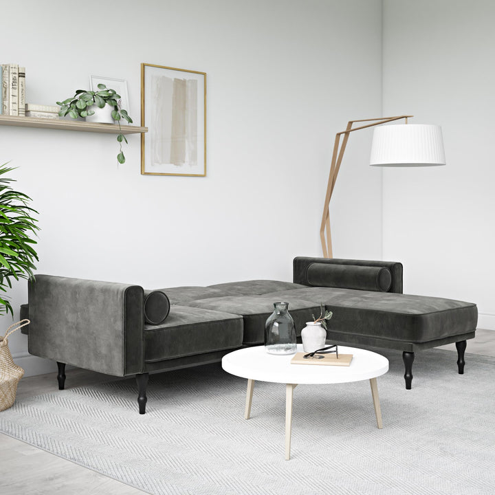 Edison Velvet Upholstered Small Space Reversible Sectional Futon - Gray