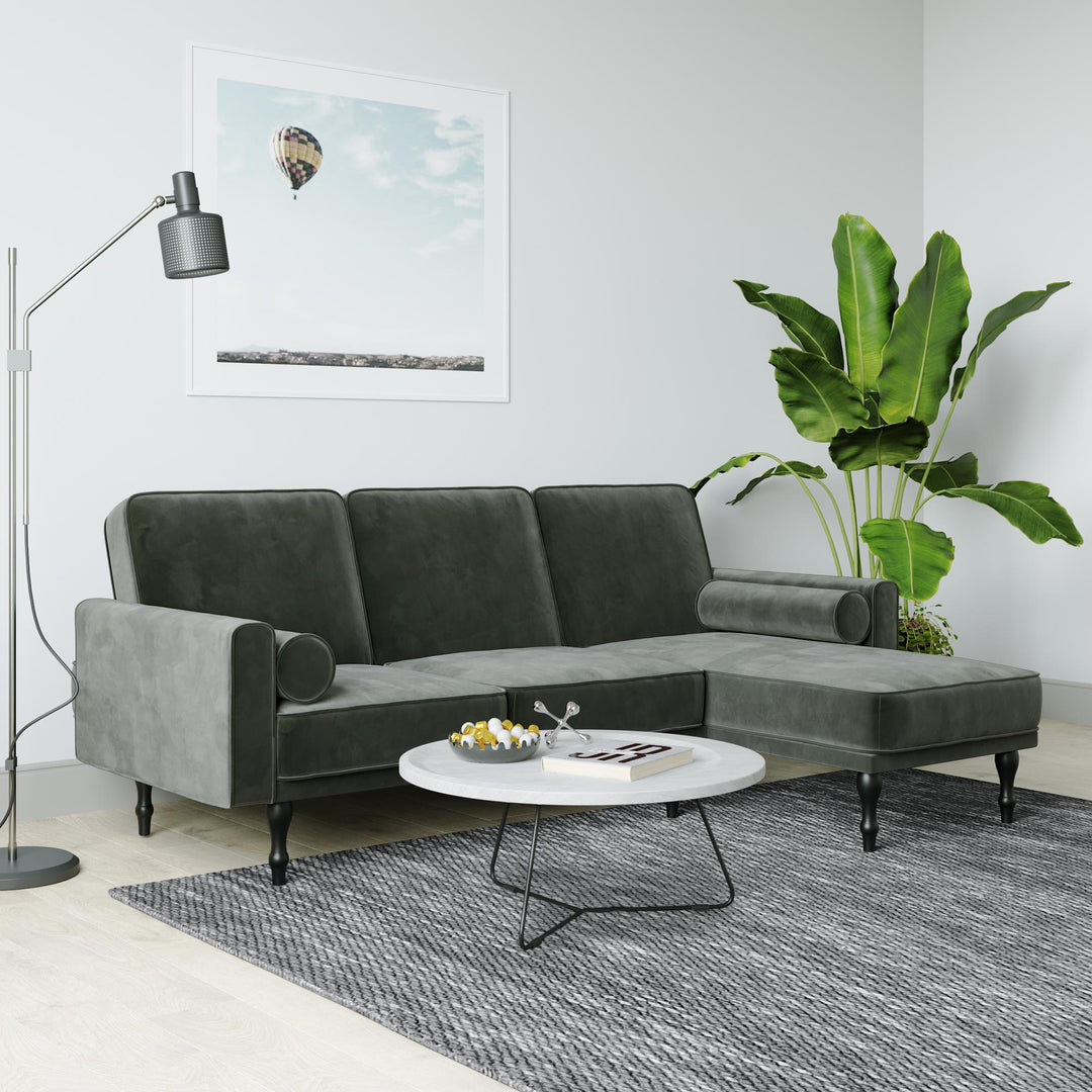 Edison Velvet Upholstered Small Space Reversible Sectional Futon - Gray