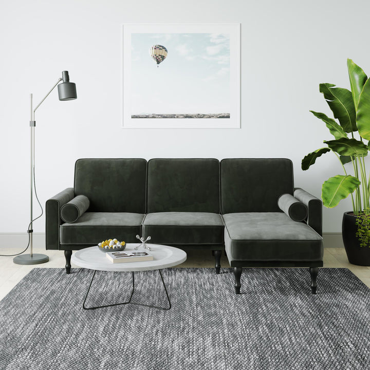 Edison Velvet Upholstered Small Space Reversible Sectional Futon - Gray