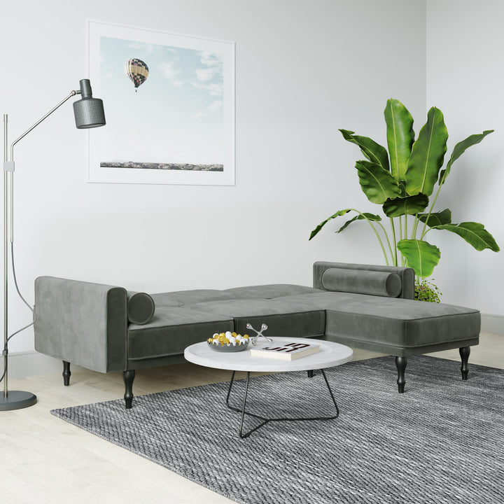 Edison Velvet Upholstered Small Space Reversible Sectional Futon - Gray