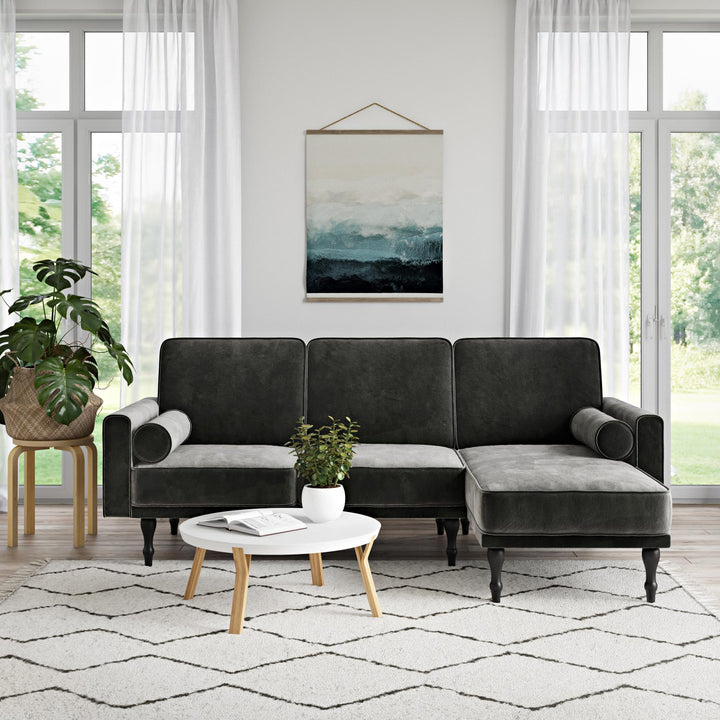 Edison Velvet Upholstered Small Space Reversible Sectional Futon - Gray