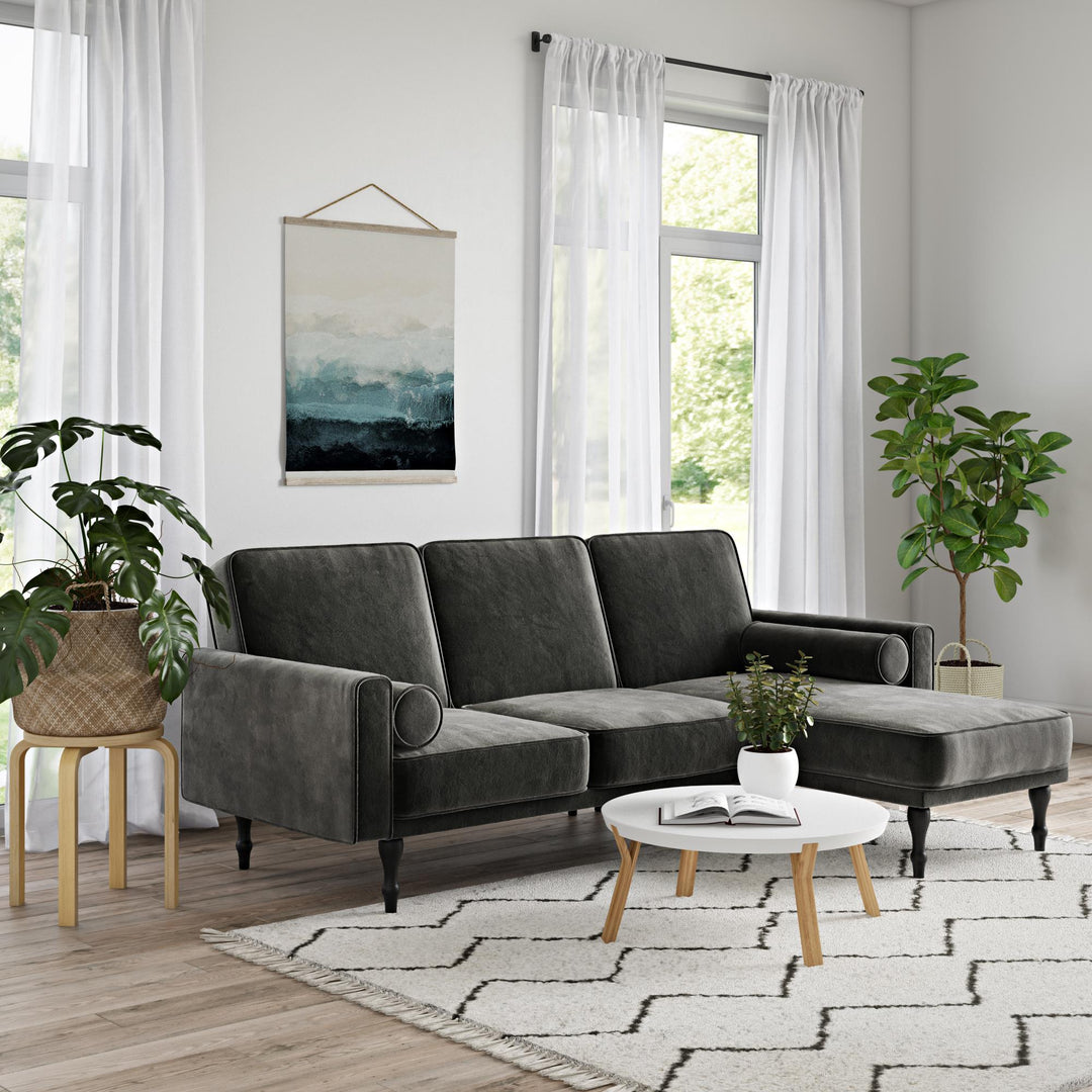 Edison Velvet Upholstered Small Space Reversible Sectional Futon - Gray