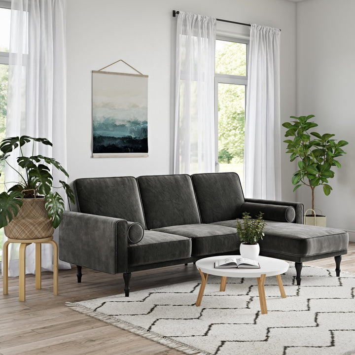 Edison Velvet Upholstered Small Space Reversible Sectional Futon - Gray