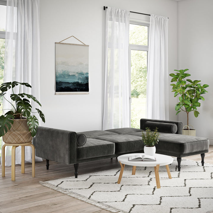 Edison Velvet Upholstered Small Space Reversible Sectional Futon - Gray