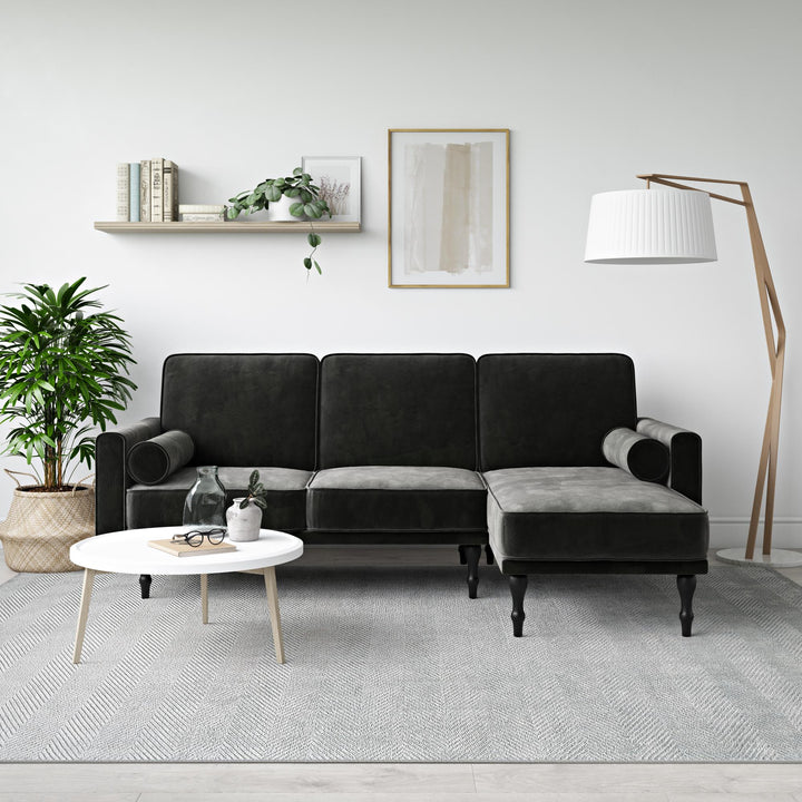 Edison Velvet Upholstered Small Space Reversible Sectional Futon - Gray