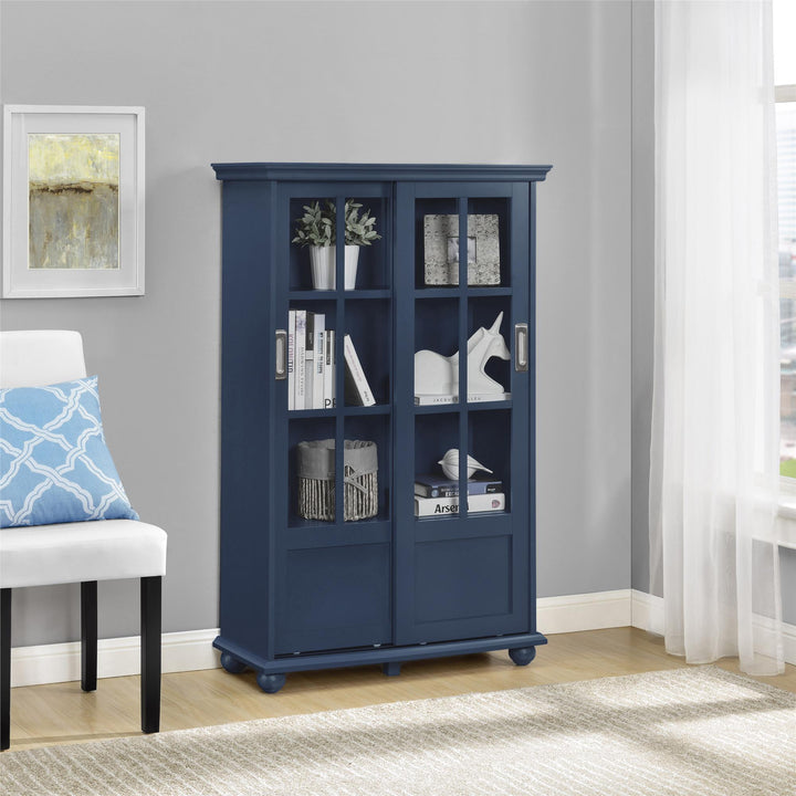 Essential tall bookcase with glass doors for organized living -  Blue