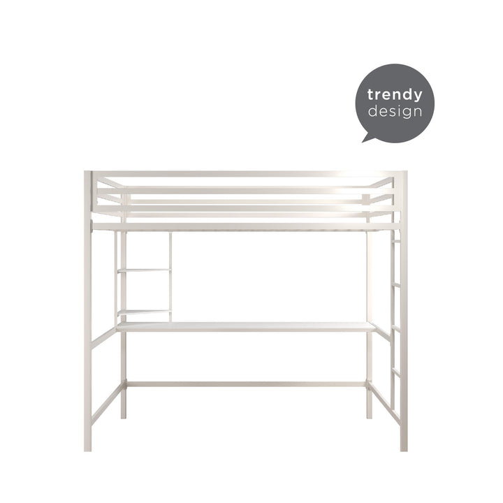 Maxwell Metal Full Loft Bed with Desk & Shelves - White - Full