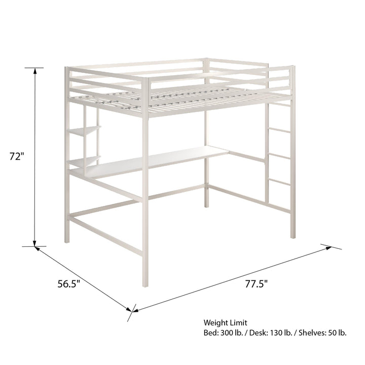 Maxwell Metal Full Loft Bed with Desk & Shelves - White - Full