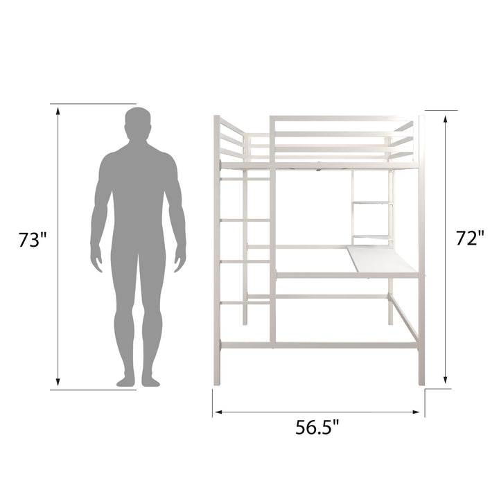Maxwell Metal Full Loft Bed with Desk & Shelves - White - Full