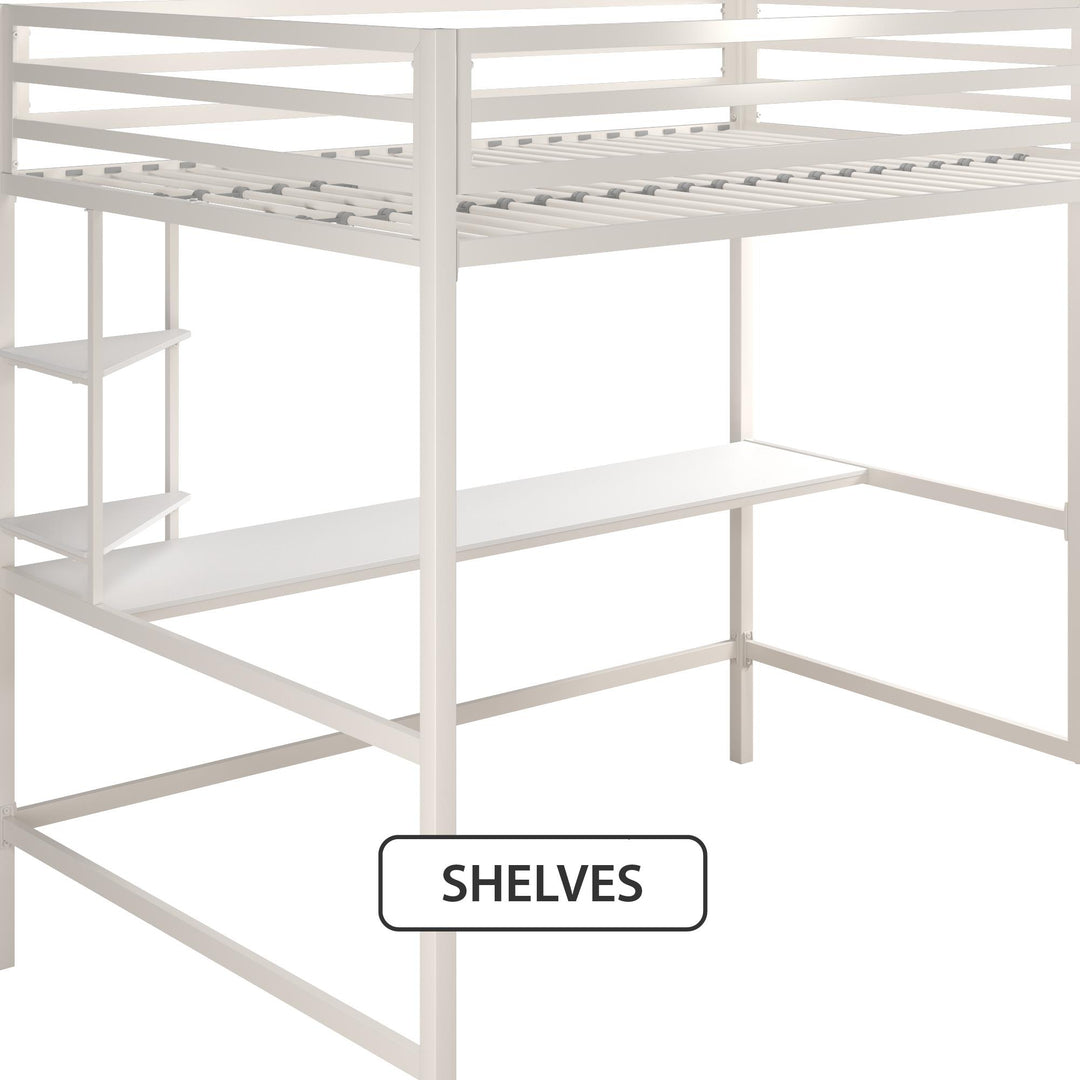 Maxwell Metal Full Loft Bed with Desk & Shelves - White - Full