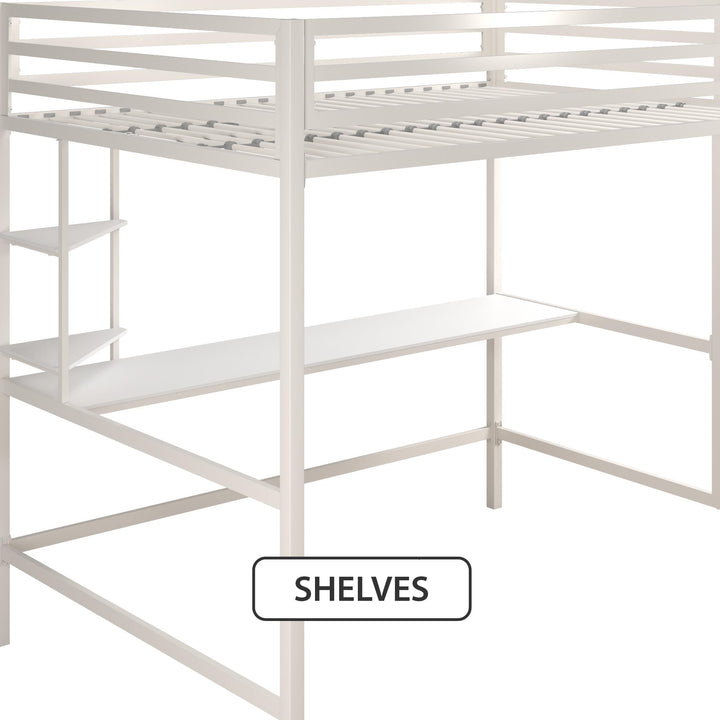 Maxwell Metal Full Loft Bed with Desk & Shelves - White - Full