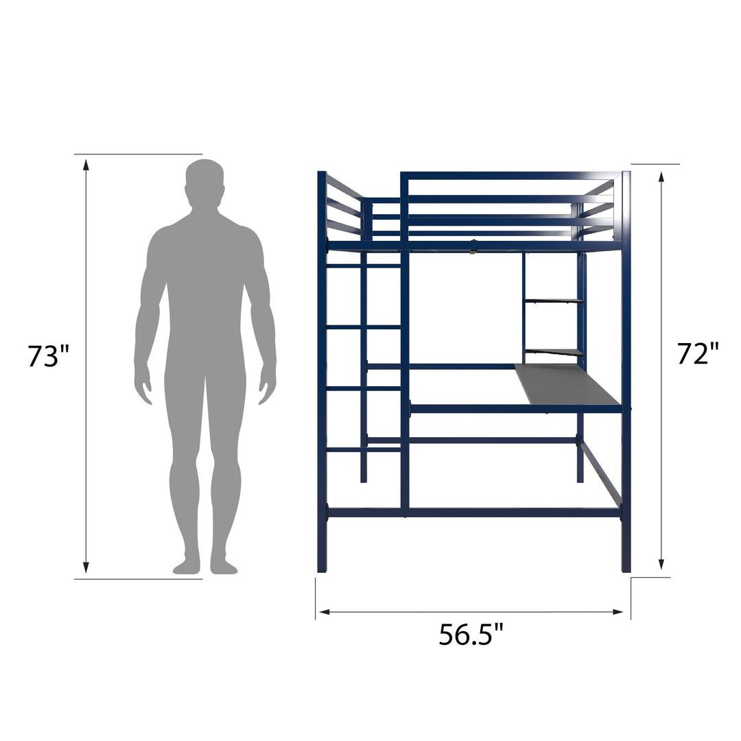 Maxwell Metal Full Loft Bed with Desk & Shelves - Navy - Full