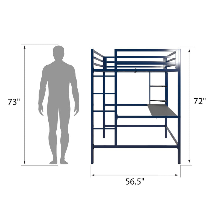 Maxwell Metal Full Loft Bed with Desk & Shelves - Navy - Full