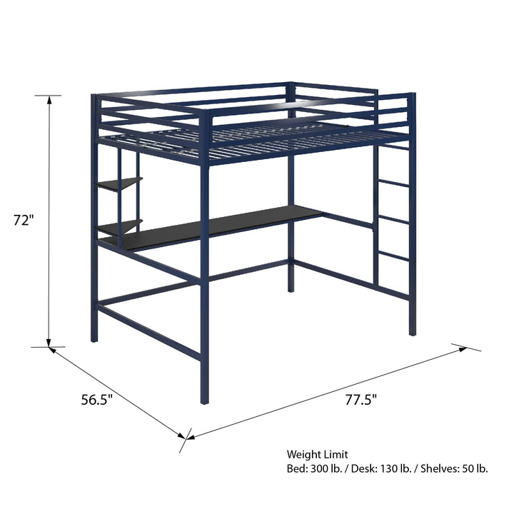 Maxwell Metal Full Loft Bed with Desk & Shelves - Navy - Full