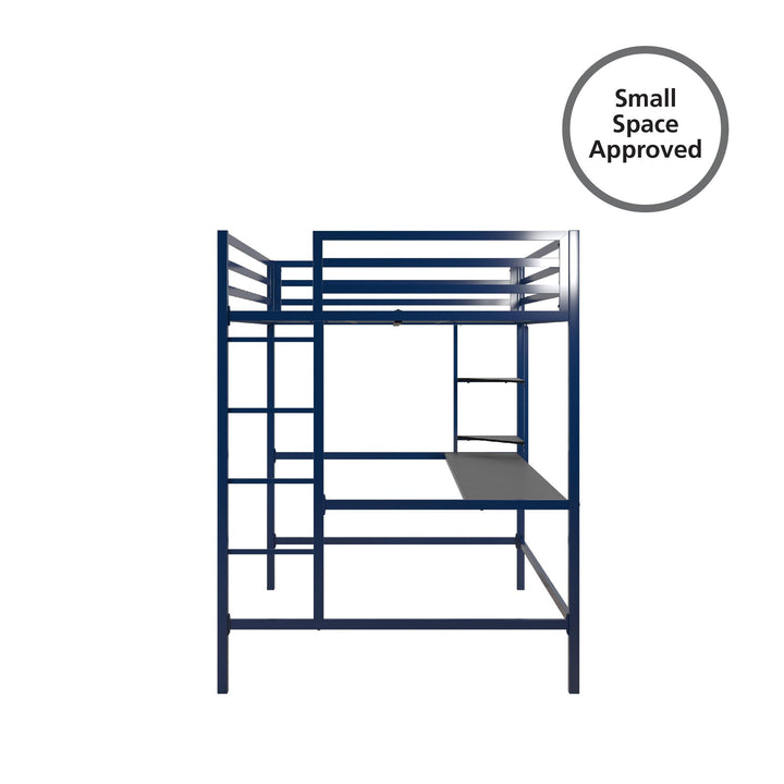 Maxwell Metal Full Loft Bed with Desk & Shelves - Navy - Full