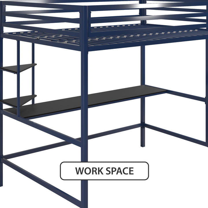 Maxwell Metal Full Loft Bed with Desk & Shelves - Navy - Full