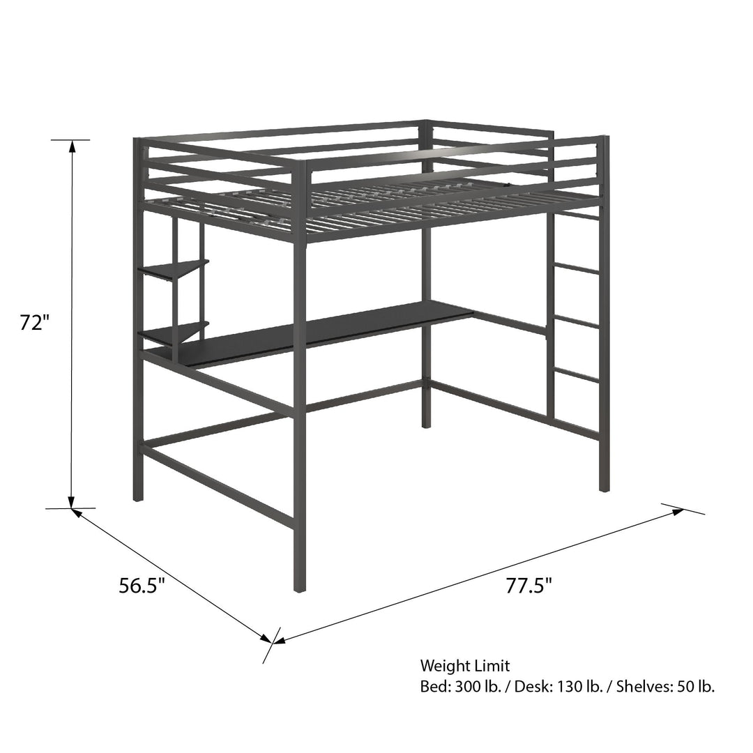Maxwell Metal Full Loft Bed with Desk & Shelves - Gray - Full