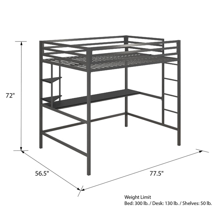 Maxwell Metal Full Loft Bed with Desk & Shelves - Gray - Full