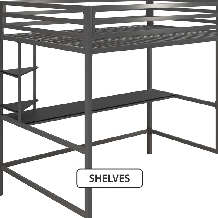 Maxwell Metal Full Loft Bed with Desk & Shelves - Gray - Full