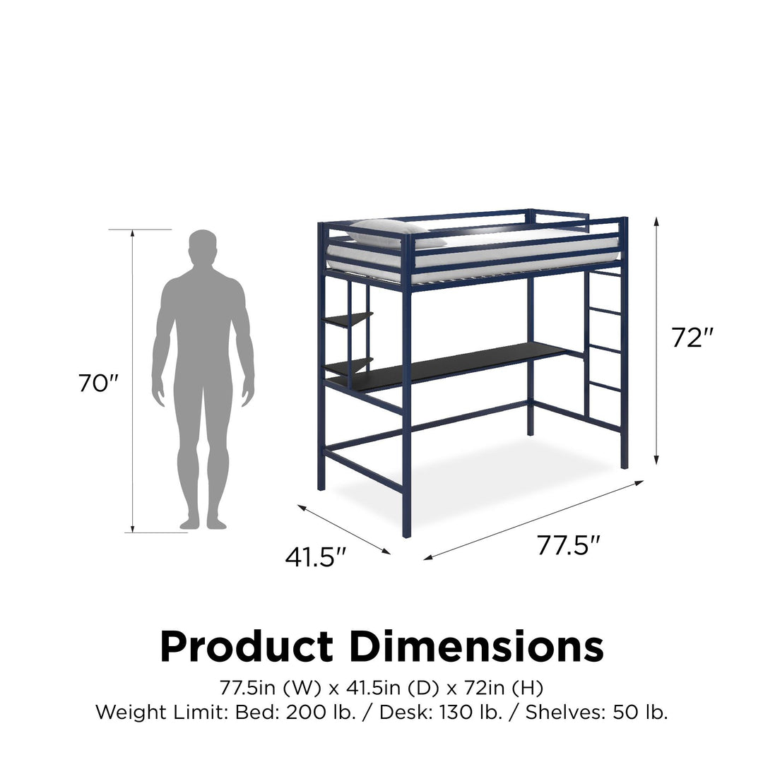 Maxwell Metal Twin Loft Bed with Desk & Shelves - Navy/Black - Twin