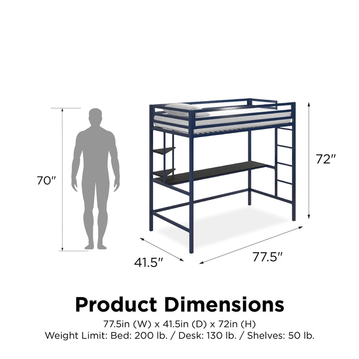 Maxwell Metal Twin Loft Bed with Desk & Shelves - Navy/Black - Twin