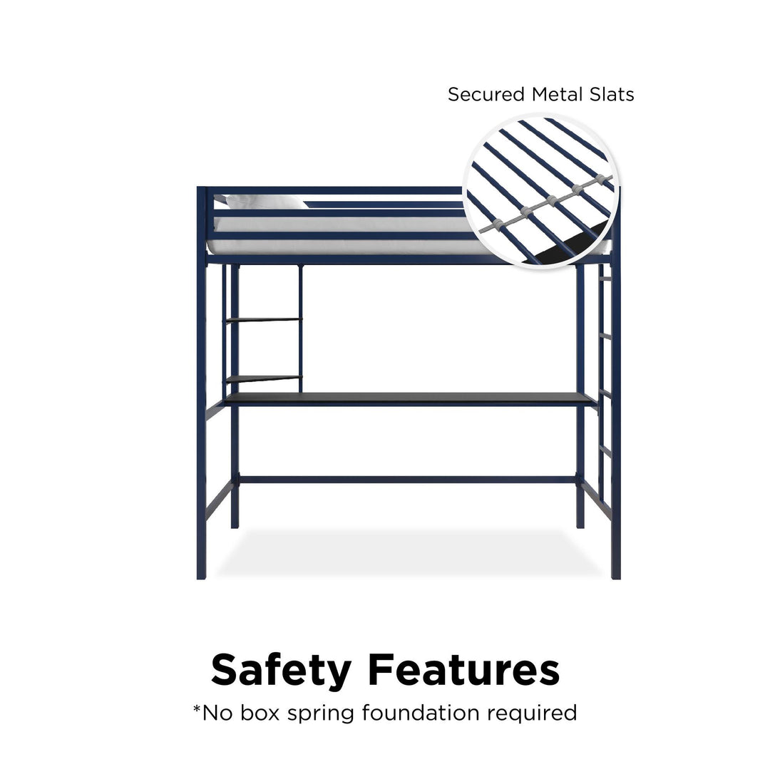 Maxwell Metal Twin Loft Bed with Desk & Shelves - Navy/Black - Twin