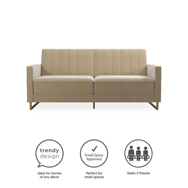 Skylar Coil Velvet Futon with Ribbed Tufted Back and Gold Metal Legs - Ivory