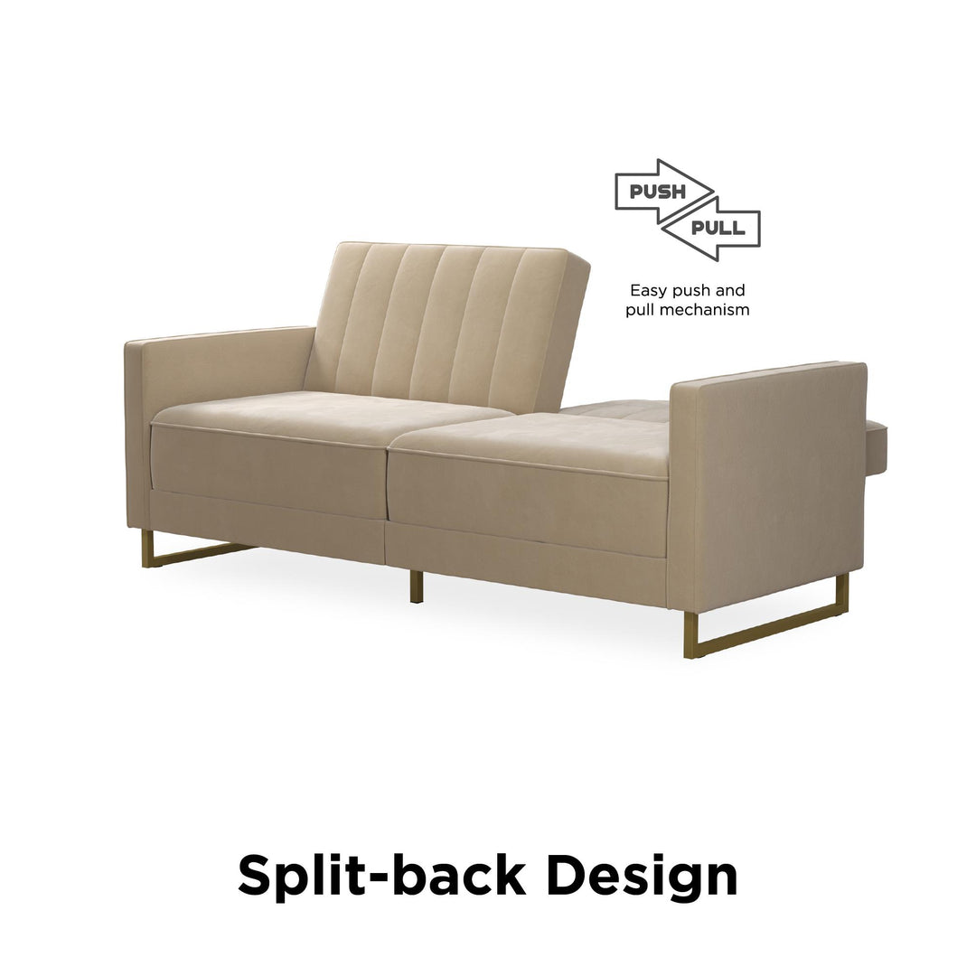 Skylar Coil Velvet Futon with Ribbed Tufted Back and Gold Metal Legs - Ivory