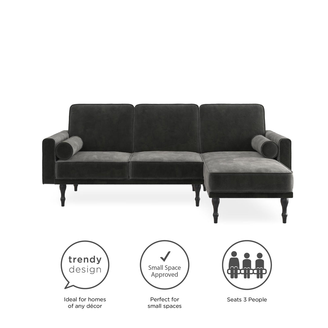 Edison Velvet Upholstered Small Space Reversible Sectional Futon - Gray