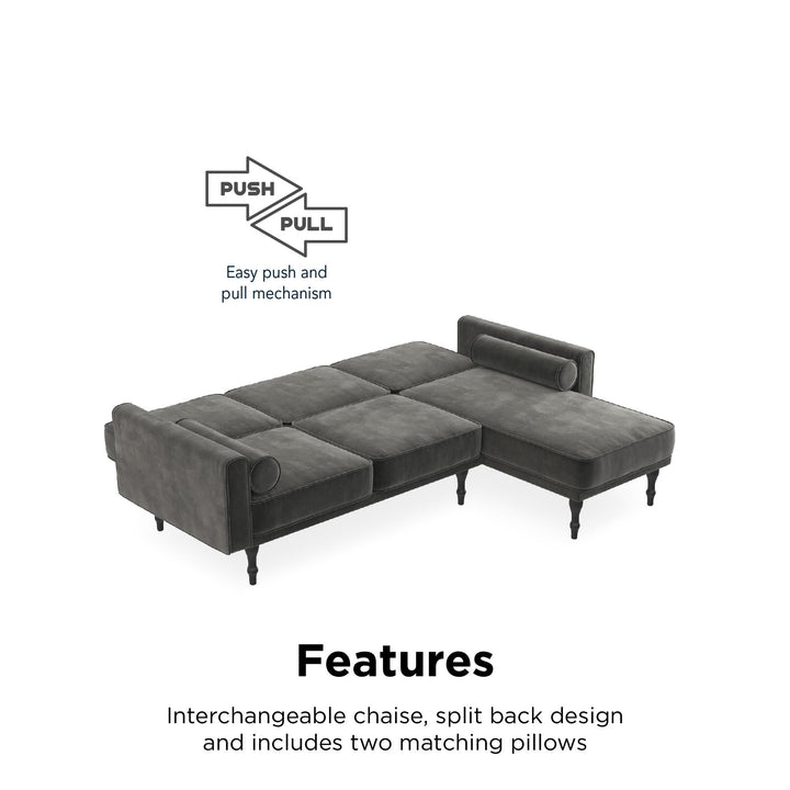 Edison Velvet Upholstered Small Space Reversible Sectional Futon - Gray