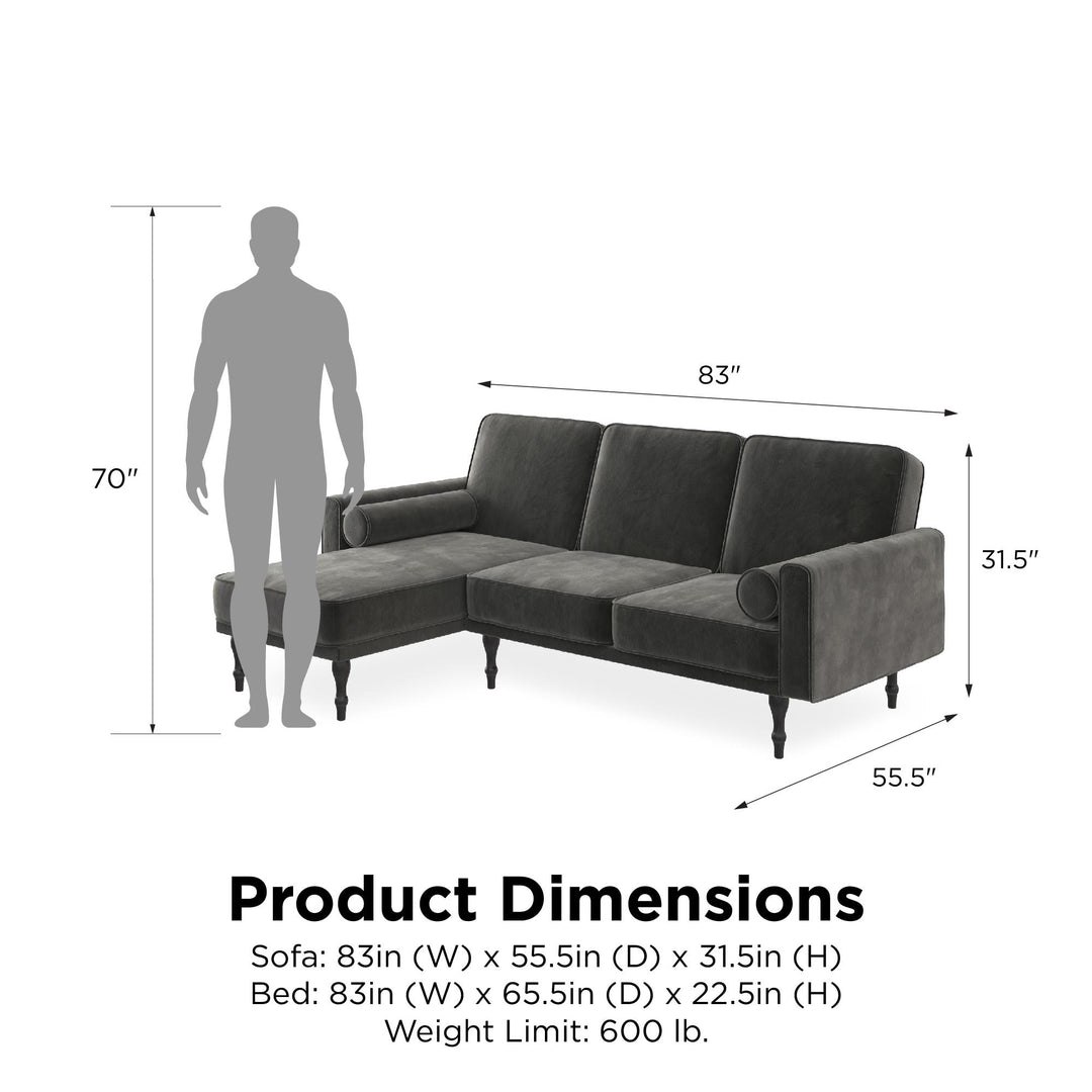 Edison Velvet Upholstered Small Space Reversible Sectional Futon - Gray