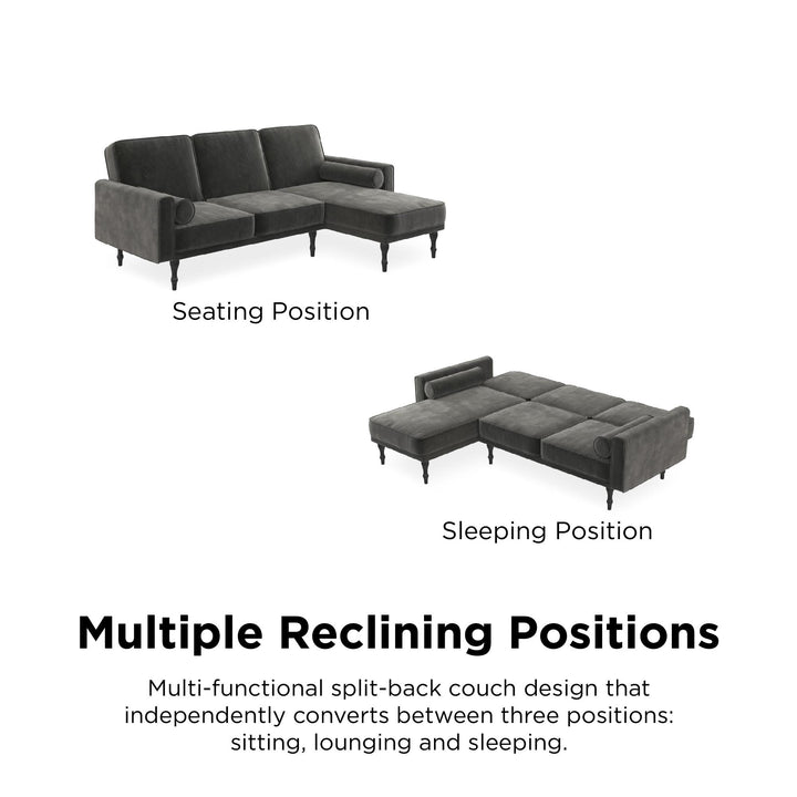 Edison Velvet Upholstered Small Space Reversible Sectional Futon - Gray