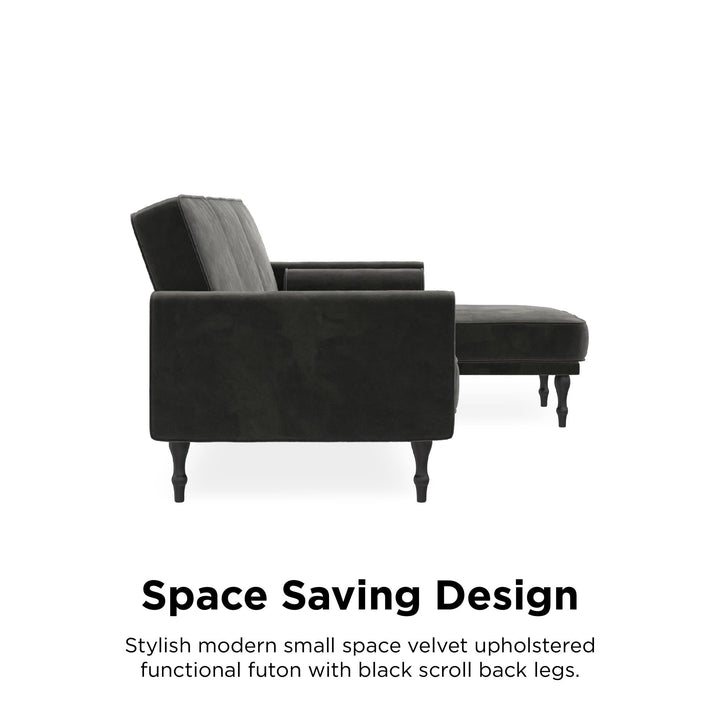 Edison Velvet Upholstered Small Space Reversible Sectional Futon - Gray