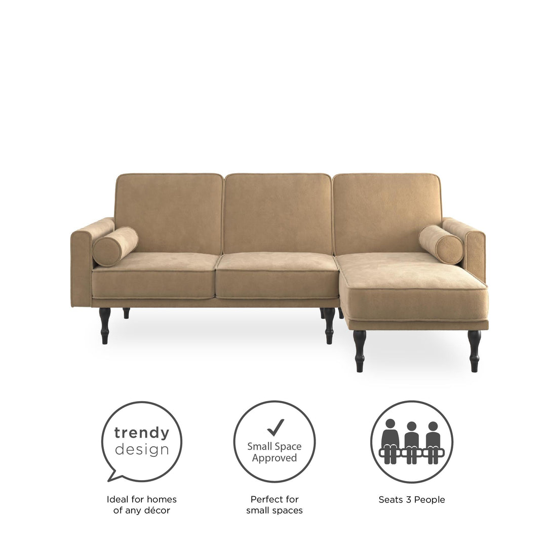 Edison Velvet Upholstered Small Space Reversible Sectional Futon - Tan