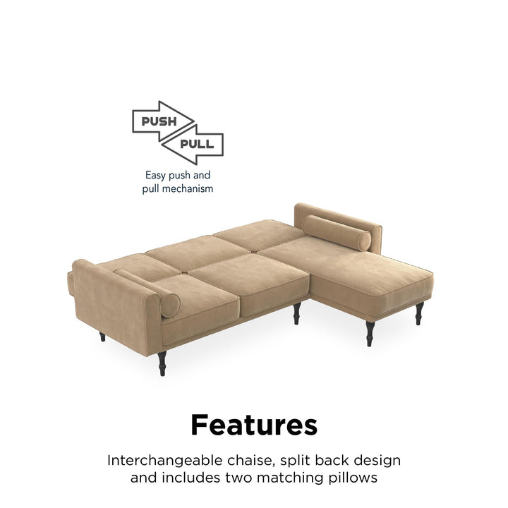 Edison Velvet Upholstered Small Space Reversible Sectional Futon - Tan