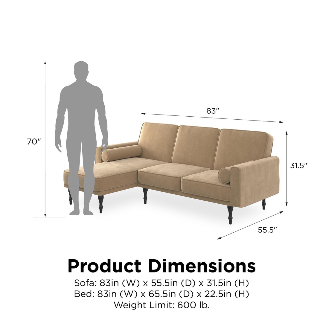 Edison Velvet Upholstered Small Space Reversible Sectional Futon - Tan