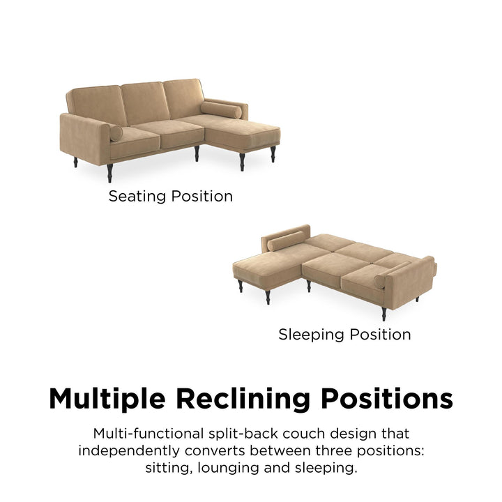 Edison Velvet Upholstered Small Space Reversible Sectional Futon - Tan