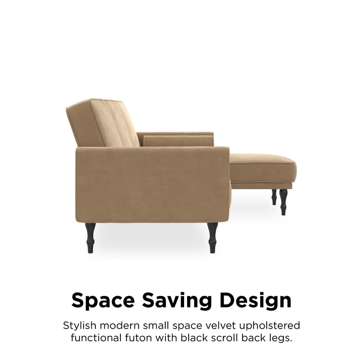 Edison Velvet Upholstered Small Space Reversible Sectional Futon - Tan