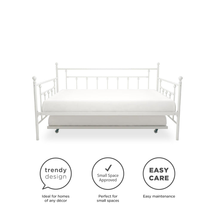 Manila Metal Daybed and Trundle Set with Sturdy Metal Frame and Slats - White - Full