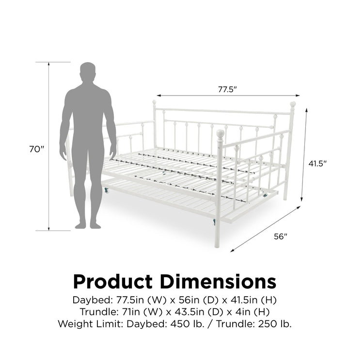 Manila Metal Daybed and Trundle Set with Sturdy Metal Frame and Slats - White - Full